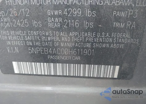 2013 Hyundai Sonata Gls z USA, uszkodzony, nr VIN 5NPEB4AC0DH611901